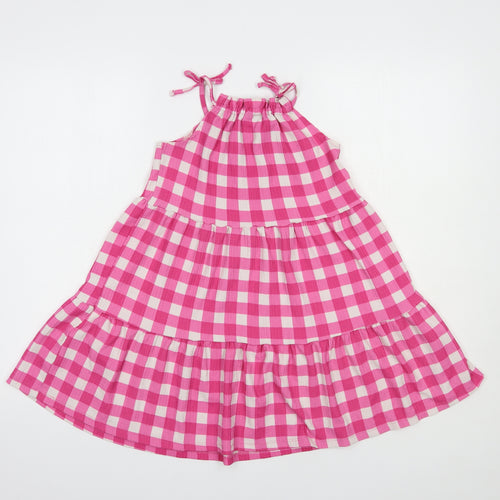 Matalan Girls Pink Check Polyester Tank Dress  Size 8 Years  Square Neck Tie