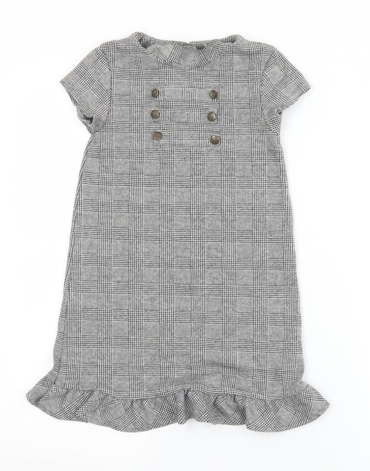 NEXT Girls Grey Check Cotton Shift  Size 7 Years  Mock Neck Button