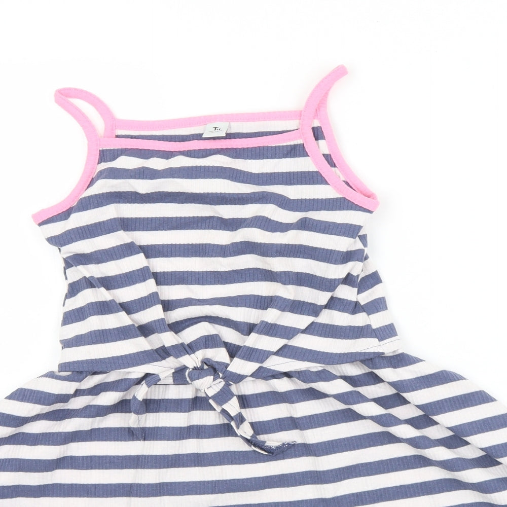 TU Girls Blue Striped Cotton Fit & Flare  Size 8 Years  Round Neck