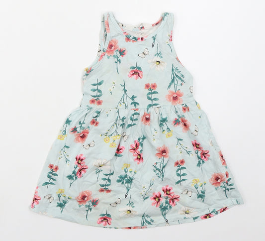 H&M Girls Blue Floral Cotton Skater Dress  Size 2 Years  Round Neck Pullover