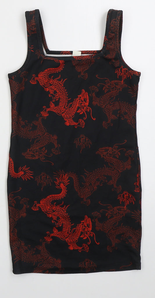 SheIn Girls Black  Polyester Tank Dress  Size 9 Years  Square Neck Pullover - Red Dragons