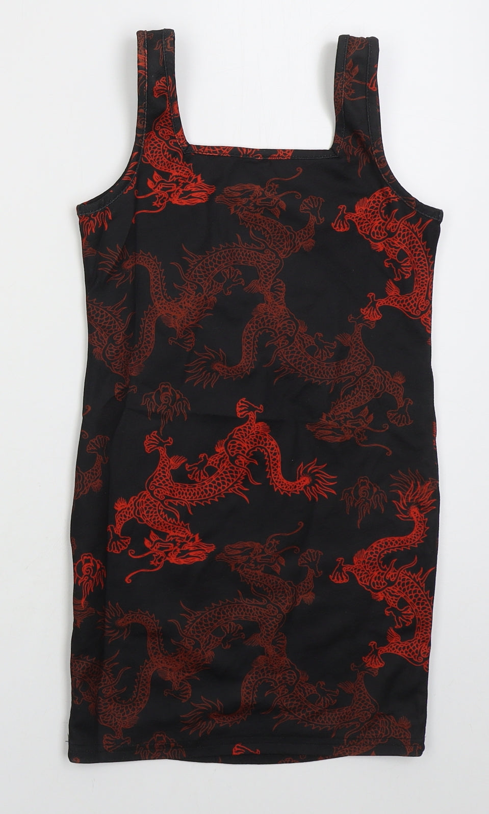 SheIn Girls Black  Polyester Tank Dress  Size 9 Years  Square Neck Pullover - Red Dragons