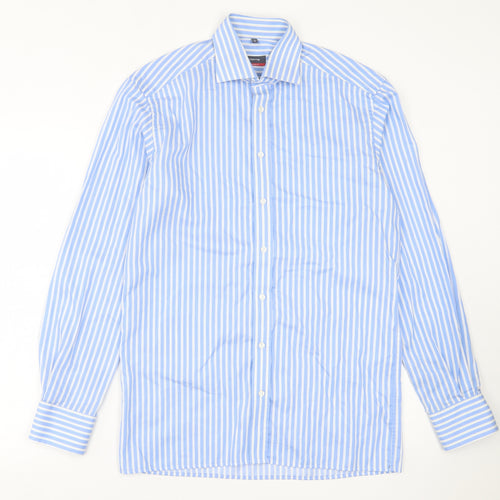 Eterna Mens Blue Striped Cotton  Button-Up Size 15 Collared Button