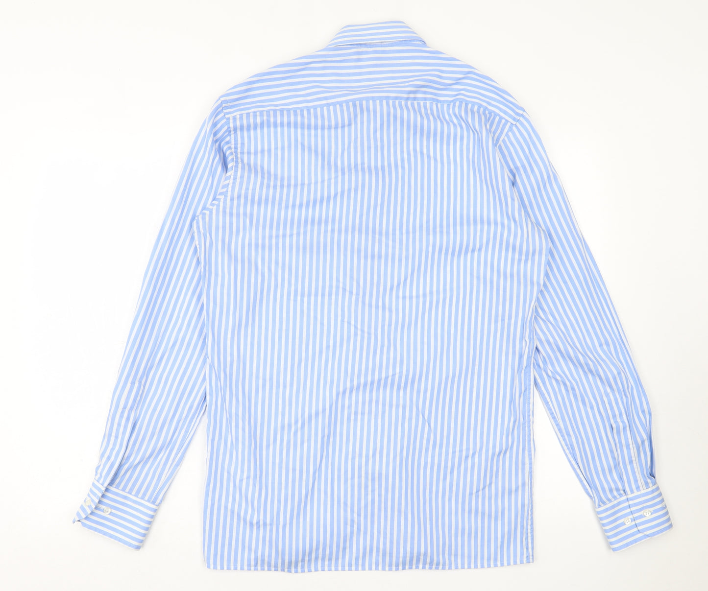 Eterna Mens Blue Striped Cotton  Button-Up Size 15 Collared Button