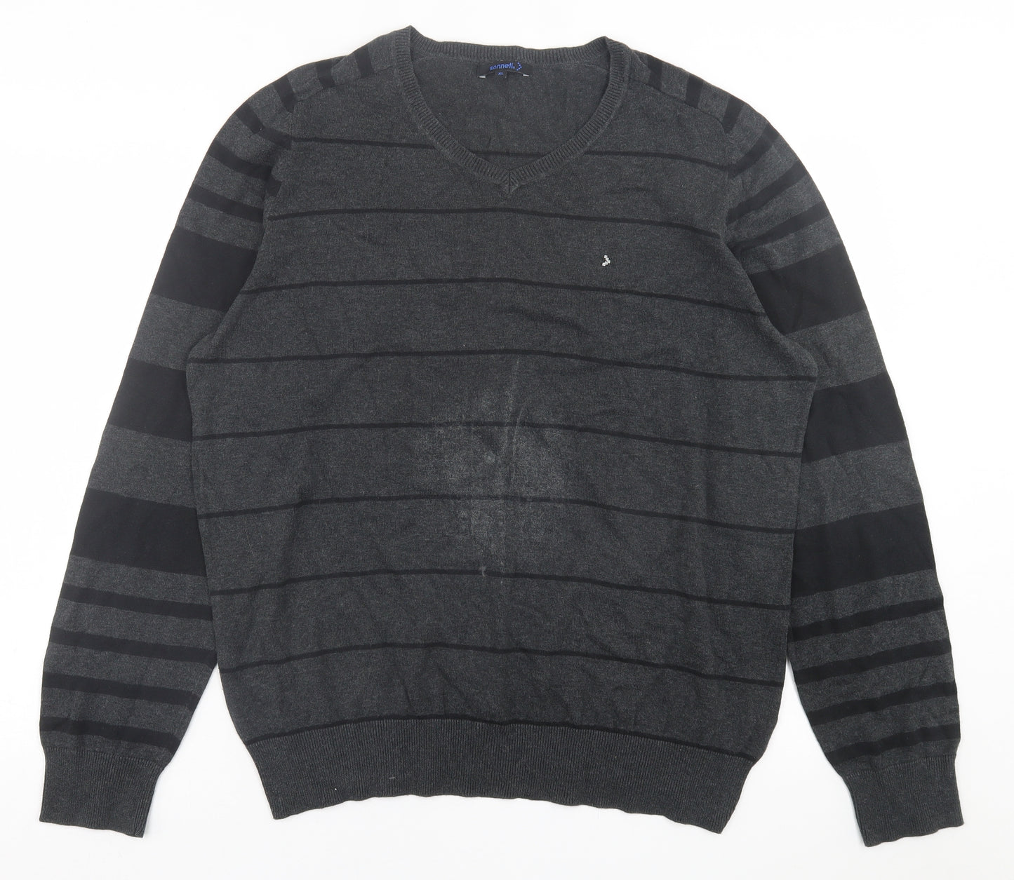 Sonneti Mens Grey V-Neck Striped Cotton Pullover Jumper Size XL