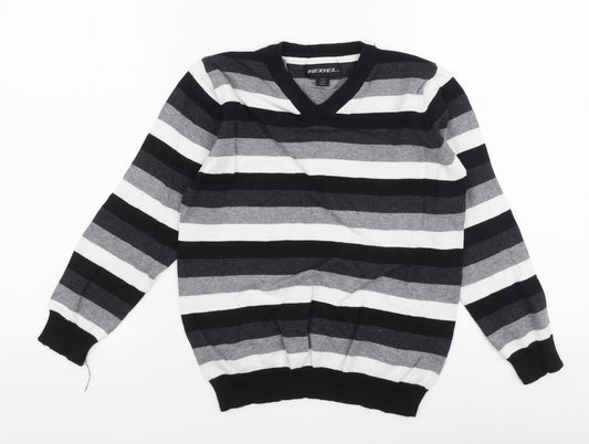Rebel Boys Multicoloured V-Neck Striped Cotton Pullover Jumper Size 7-8 Years  Pullover