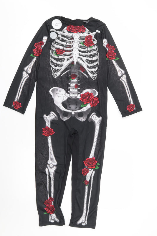 F&F Boys Black Solid 100% Polyester  Bodysuit Size 7-8 Years  Hook & Loop -  Fancy Dress, Skeleton