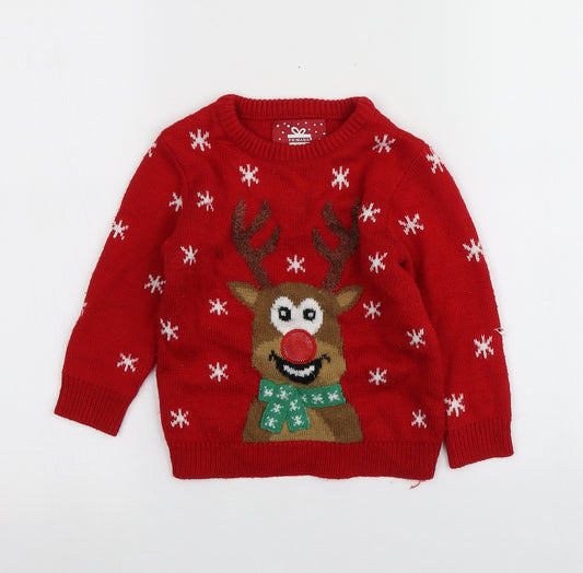 Primark Boys Red Round Neck Geometric Acrylic Pullover Jumper Size 2-3 Years   - Santa Jumper