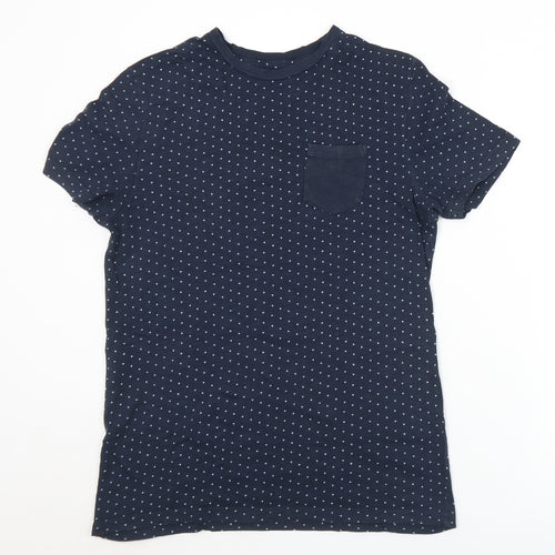 Celio Mens Blue Geometric Polyester  T-Shirt Size S Crew Neck