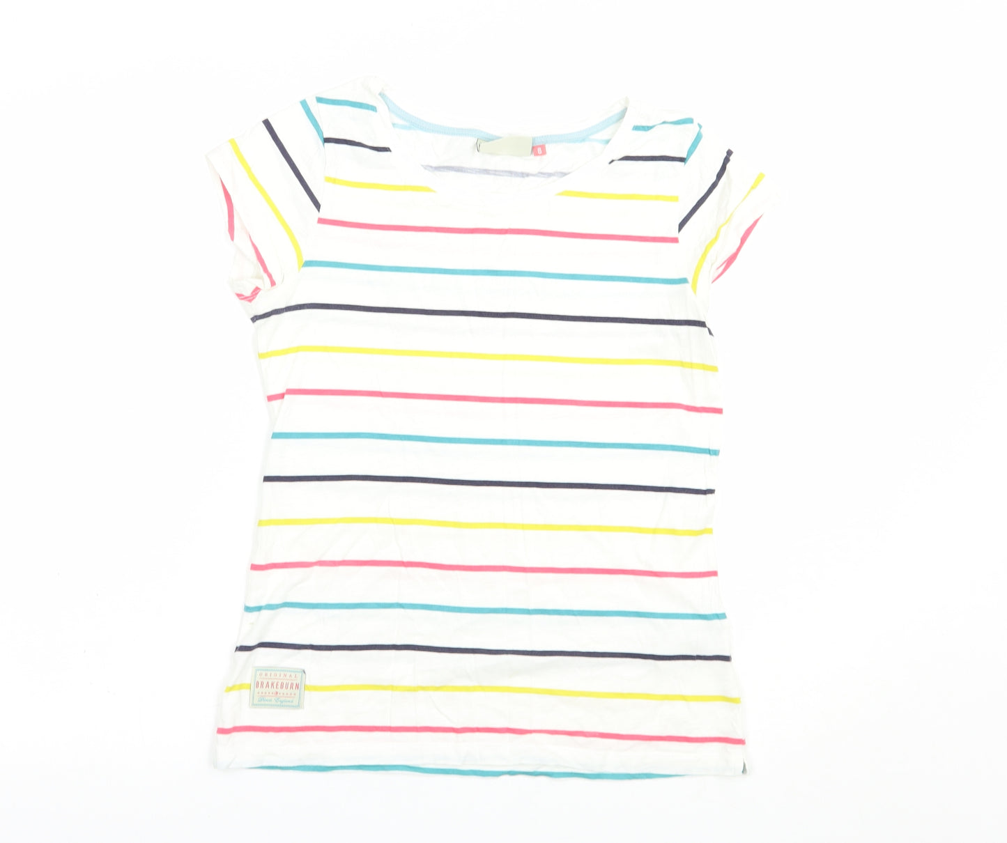 Brakeburn Womens White Striped Cotton Basic T-Shirt Size 8 Boat Neck