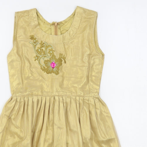 ChenOnel Girls Gold  Polyester Fit & Flare  Size 5-6 Years  Round Neck