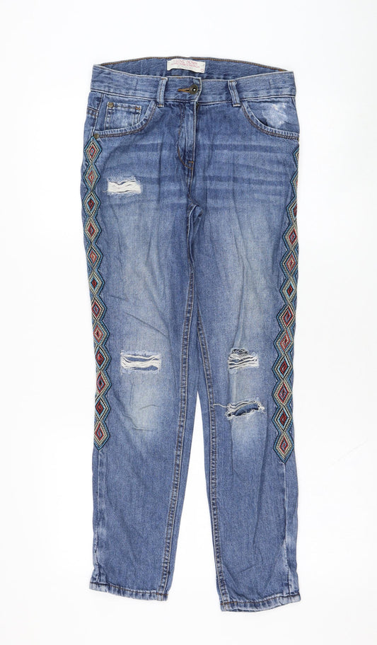 Matalan Girls Blue  Cotton Straight Jeans Size 12 Years  Regular Zip - Distressed