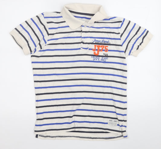 Jack&Jones Mens White Striped Cotton  Polo Size L Collared