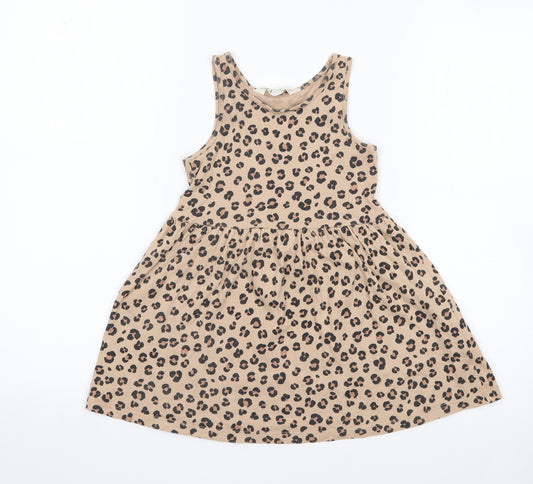 H&M Girls Brown Animal Print 100% Cotton Fit & Flare  Size 3-4 Years  Round Neck Pullover