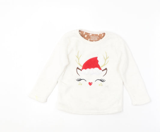 Primark Girls White Solid Polyester Top Pyjama Top Size 4-5 Years   - Christmas reindeer