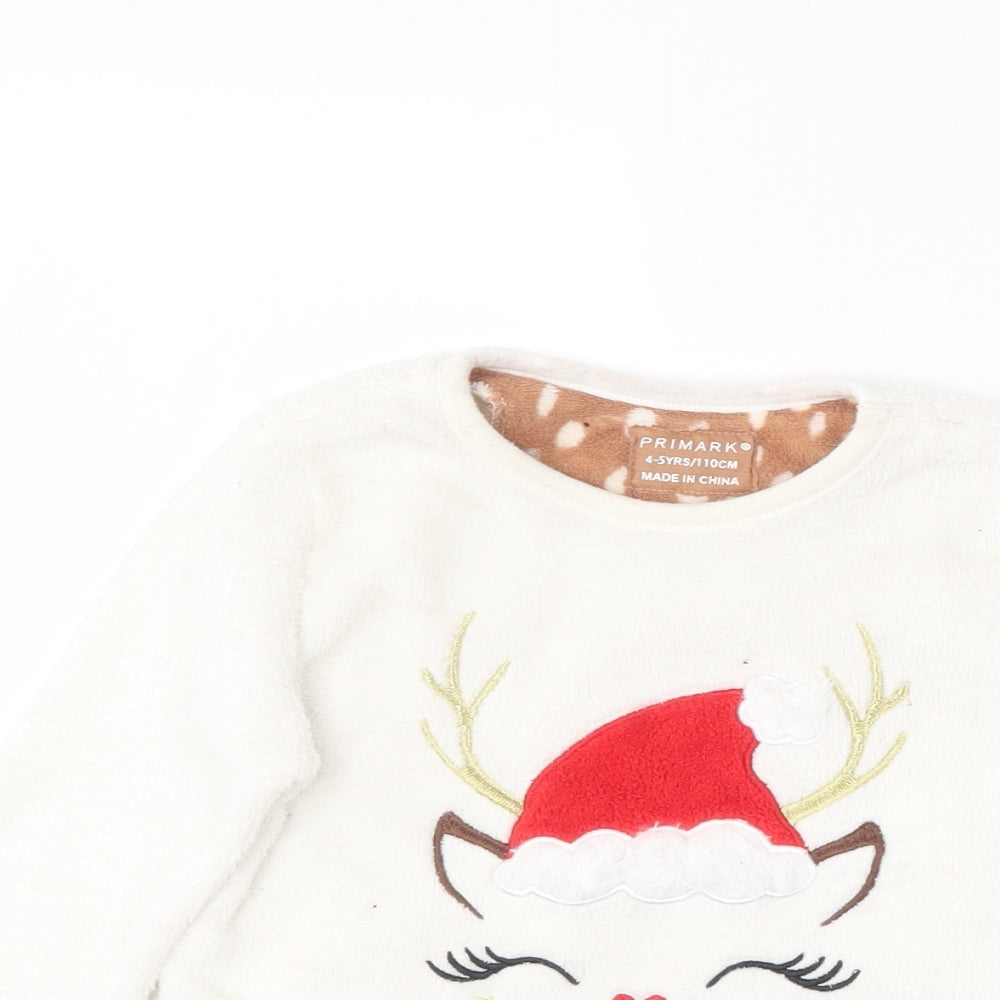 Primark Girls White Solid Polyester Top Pyjama Top Size 4-5 Years   - Christmas reindeer