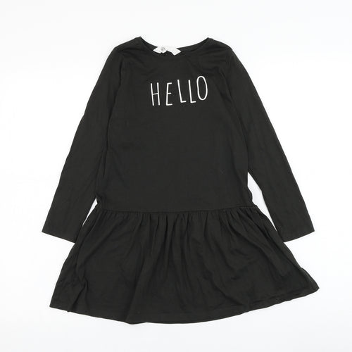 H&M Girls Black  Cotton Skater Dress  Size 7-8 Years  Round Neck Pullover - Hello