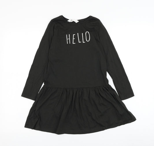 H&M Girls Black  Cotton Skater Dress  Size 7-8 Years  Round Neck Pullover - Hello