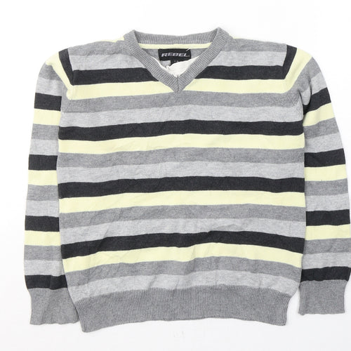 Rebel Boys Grey V-Neck Striped Cotton Pullover Jumper Size 7-8 Years  Pullover