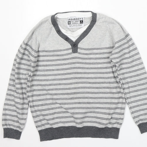 Matalan Boys Grey V-Neck Striped Cotton Pullover Jumper Size 8 Years