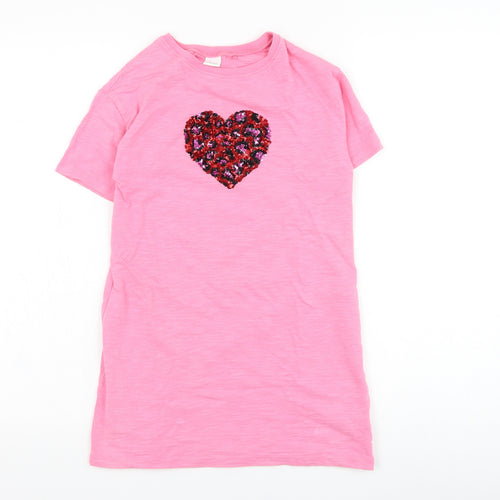NEXT Girls Pink  Cotton T-Shirt Dress  Size 8 Years  Round Neck Pullover - Heart