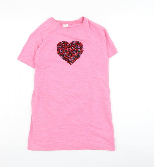 NEXT Girls Pink  Cotton T-Shirt Dress  Size 8 Years  Round Neck Pullover - Heart