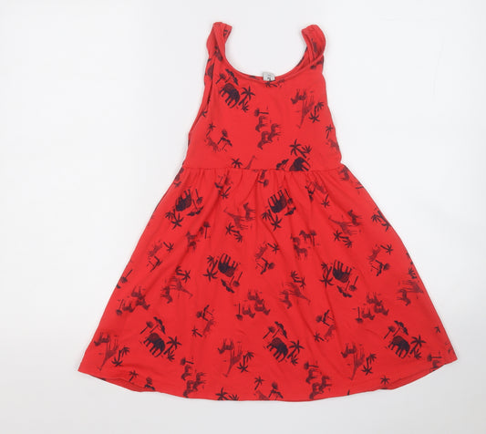 TU Girls Red Geometric Cotton Fit & Flare  Size 8 Years  Round Neck