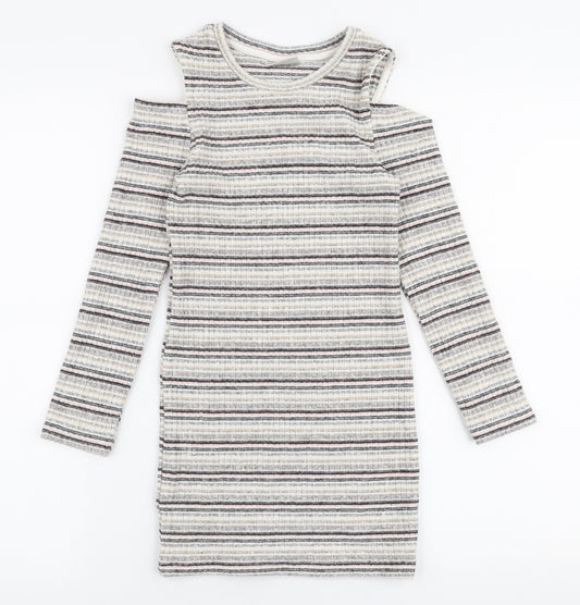 Matalan Girls Multicoloured Striped Viscose Jumper Dress  Size 9 Years  Round Neck Pullover - Cold shoulder