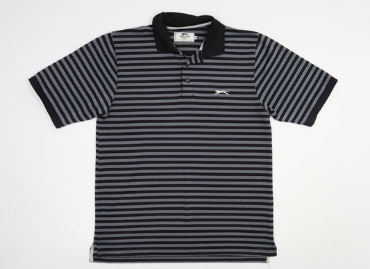 Slazenger Mens Black Striped Polyester  Polo Size M Collared Button