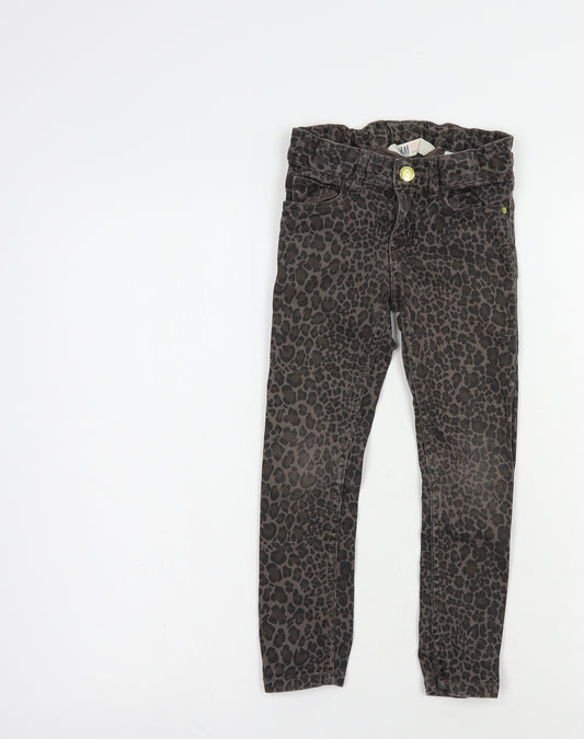 H&M Girls Brown Animal Print Cotton Skinny Jeans Size 3-4 Years  Regular Snap