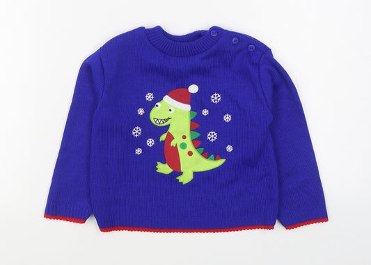 Watch Me Grow Boys Blue Round Neck  Acrylic Pullover Jumper Size 2 Years  Button - Christmas Jumper