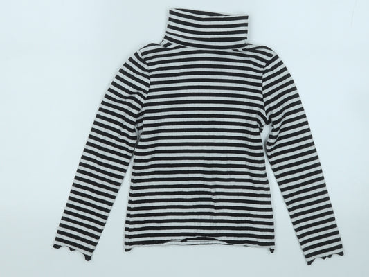 Marks and Spencer Girls White Roll Neck Striped Cotton Pullover Jumper Size 7 Years