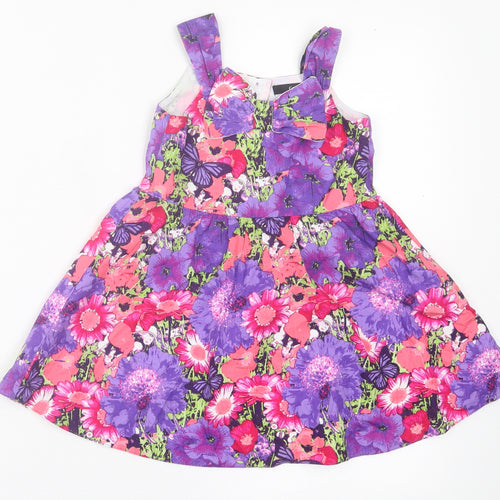 George Girls Purple Floral Cotton Fit & Flare  Size 2 Years  Crew Neck Button