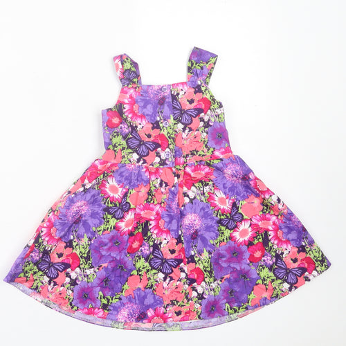 George Girls Purple Floral Cotton Fit & Flare  Size 2 Years  Crew Neck Button