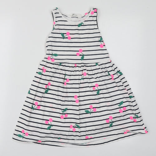 H&M Girls White Striped Cotton Skater Dress  Size 6-7 Years  Round Neck