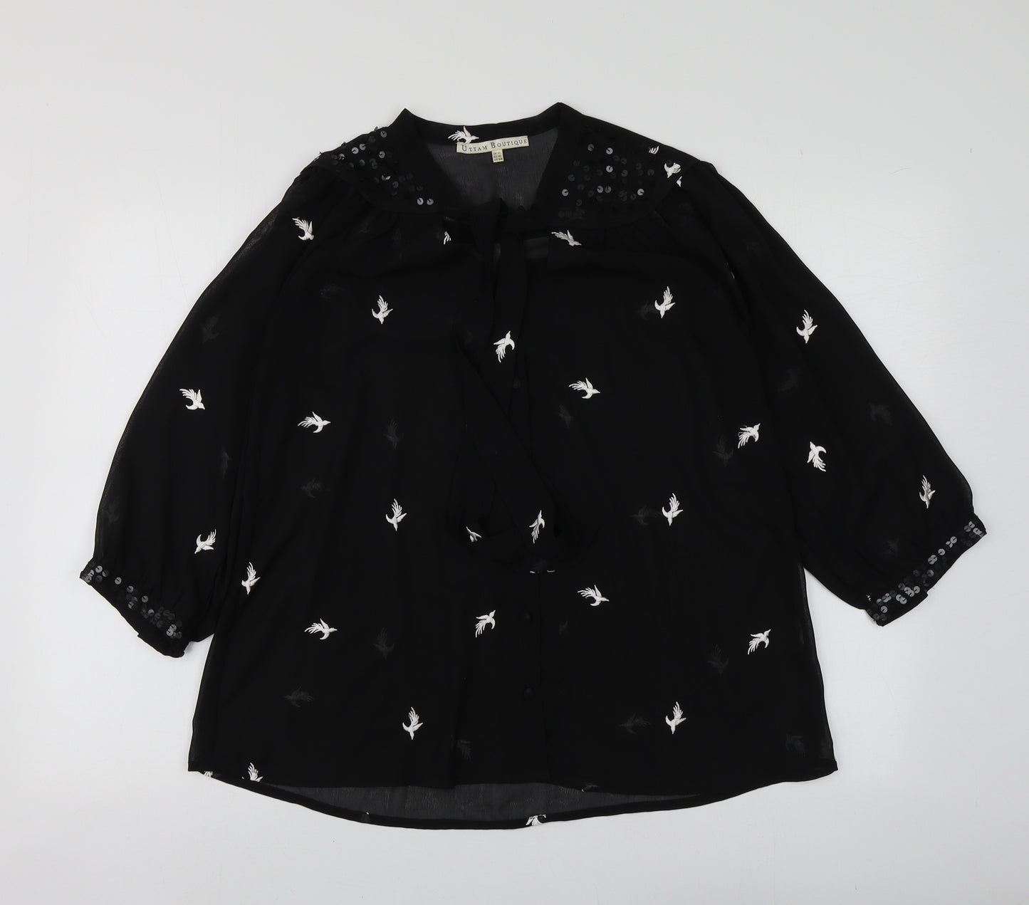 Uttam Boutique Womens Black Geometric Polyester Basic Blouse Size 12 V-Neck