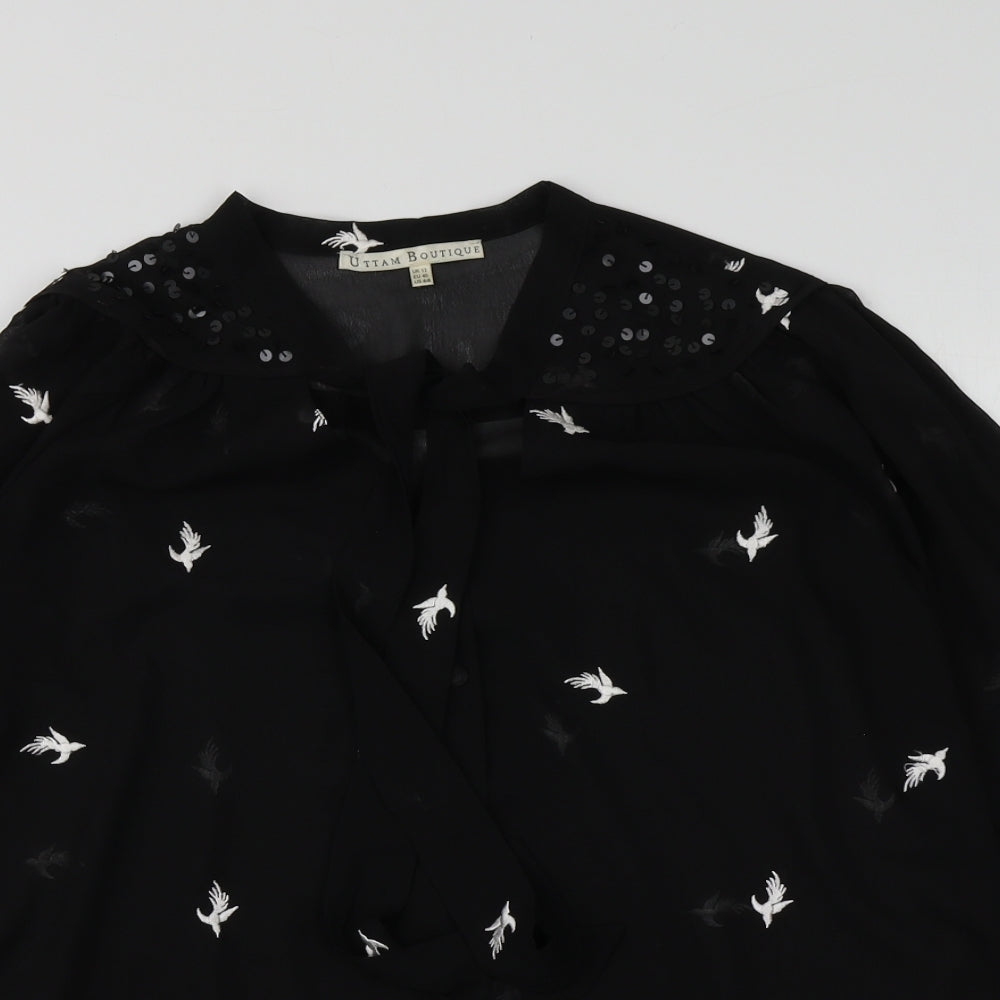 Uttam Boutique Womens Black Geometric Polyester Basic Blouse Size 12 V-Neck