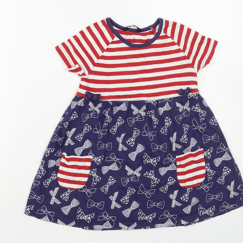 George Girls Blue Striped Cotton T-Shirt Dress Size 2-3 Years Crew Neck Pullover - Bow Print