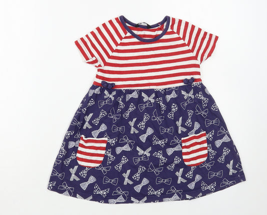 George Girls Blue Striped Cotton T-Shirt Dress Size 2-3 Years Crew Neck Pullover - Bow Print