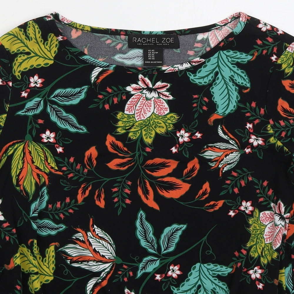 Rachel Zoe Womens Black Floral Polyester Basic T-Shirt Size XS Boat Neck