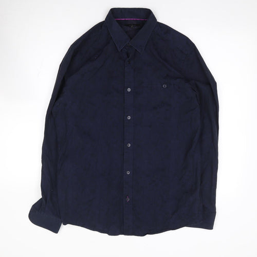 Jeff Banks Mens Blue Floral Cotton Dress Shirt Size M Collared Button