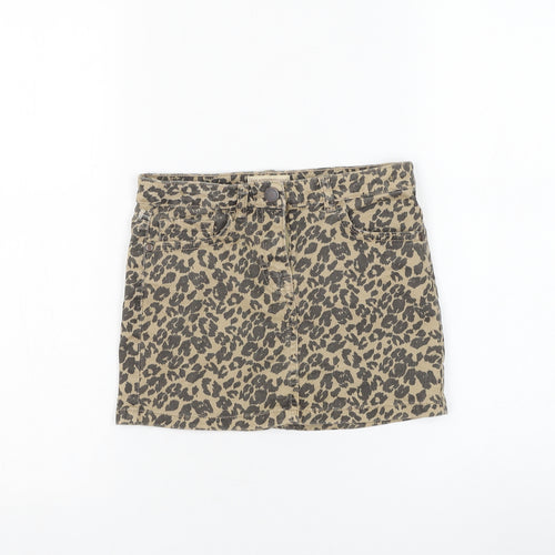 NEXT Girls Brown Animal Print Cotton A-Line Skirt Size 8 Years Regular Zip