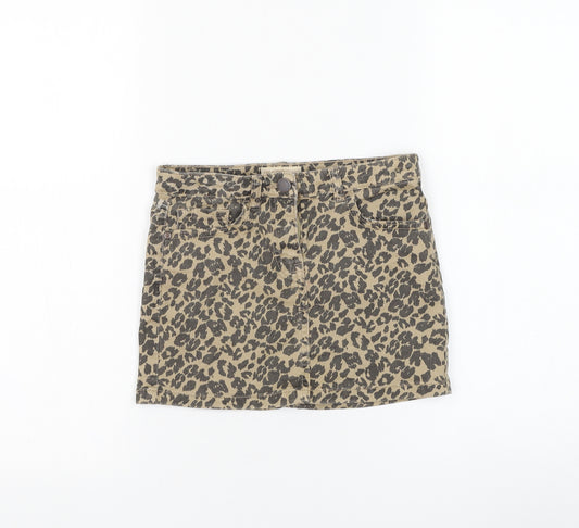 NEXT Girls Brown Animal Print Cotton A-Line Skirt Size 8 Years Regular Zip