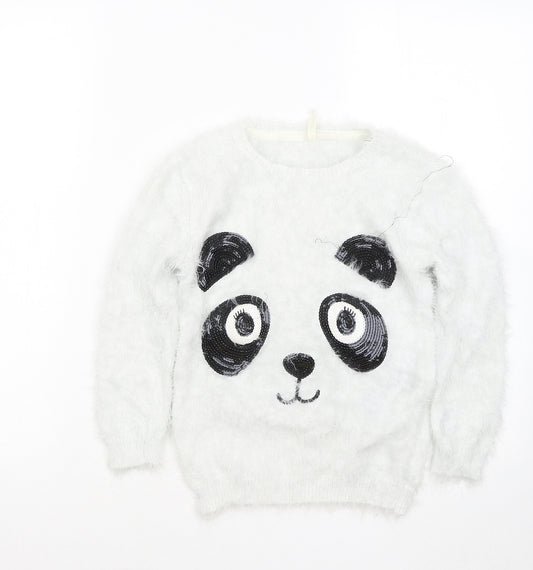 Young Dimension Girls White Round Neck Polyester Pullover Jumper Size 6-7 Years - Panda