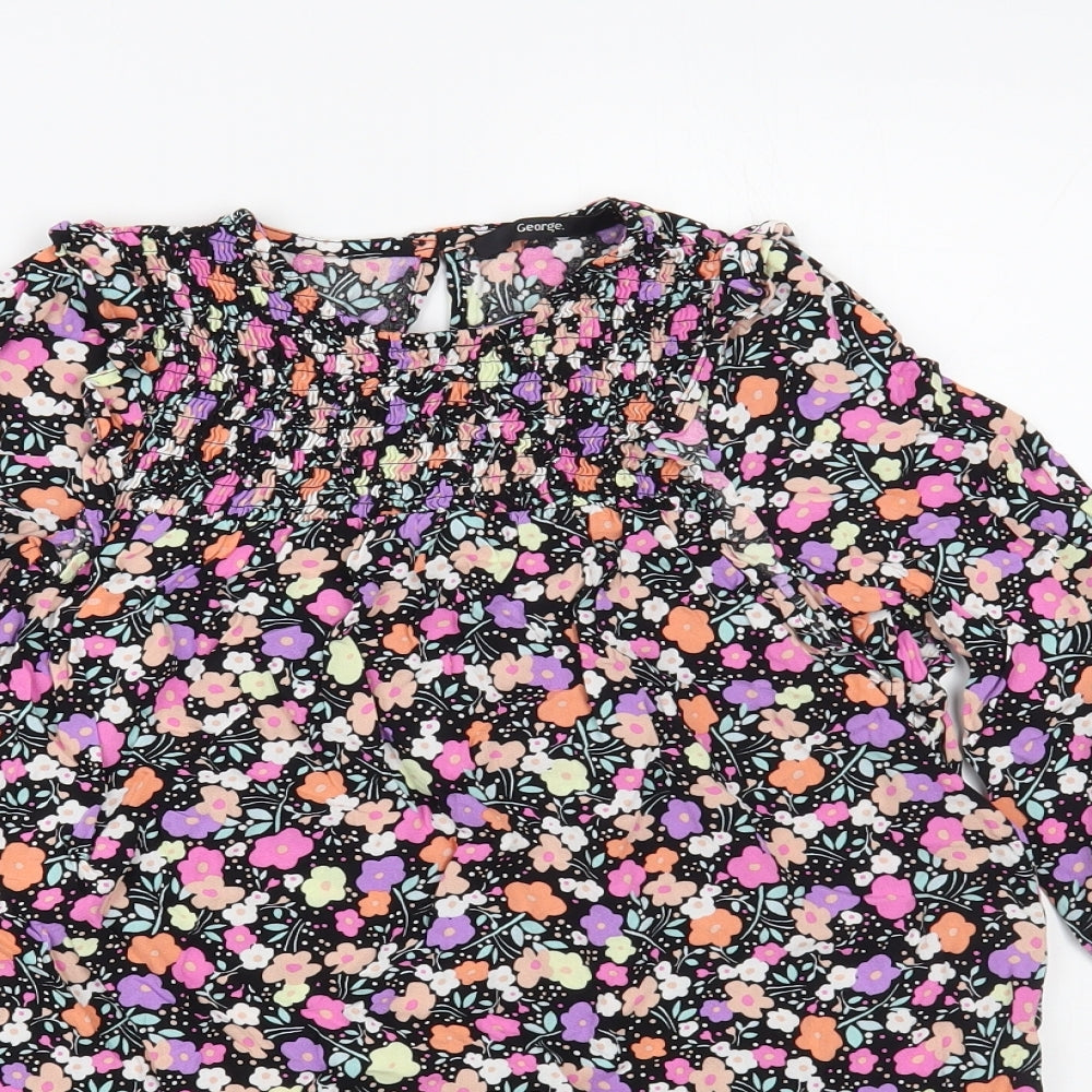 George Girls Black Floral Viscose Shift Size 8-9 Years Crew Neck Button