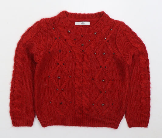 M&Co Girls Red Crew Neck Acrylic Pullover Jumper Size 7-8 Years Pullover