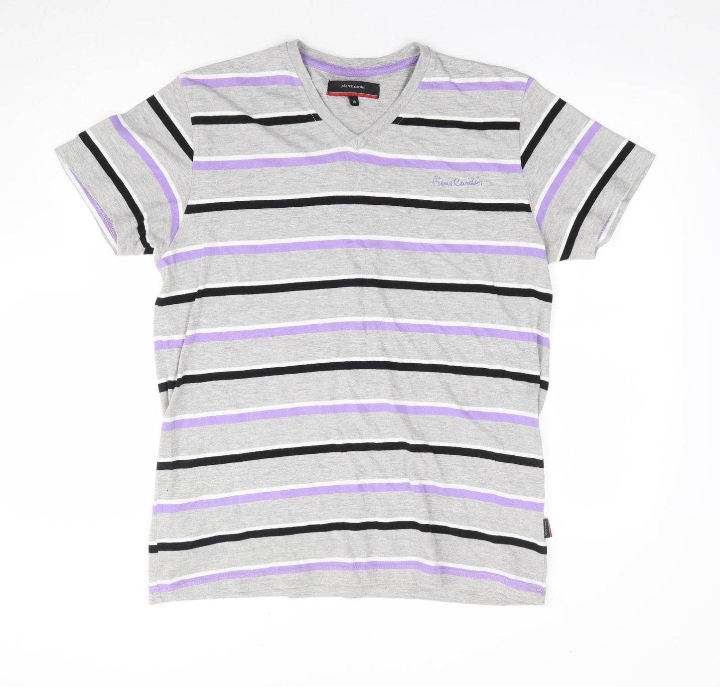 Pierre Cardin Mens Multicoloured Striped Cotton T-Shirt Size M V-Neck