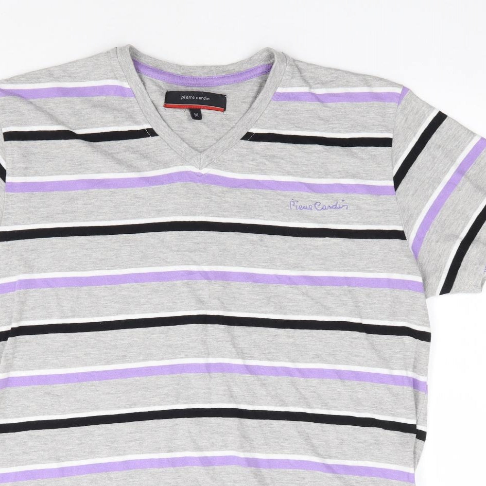 Pierre Cardin Mens Multicoloured Striped Cotton T-Shirt Size M V-Neck