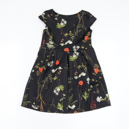 Want That Trend Girls Black Floral Polyester Skater Dress Size 6-7 Years Round Neck Pullover