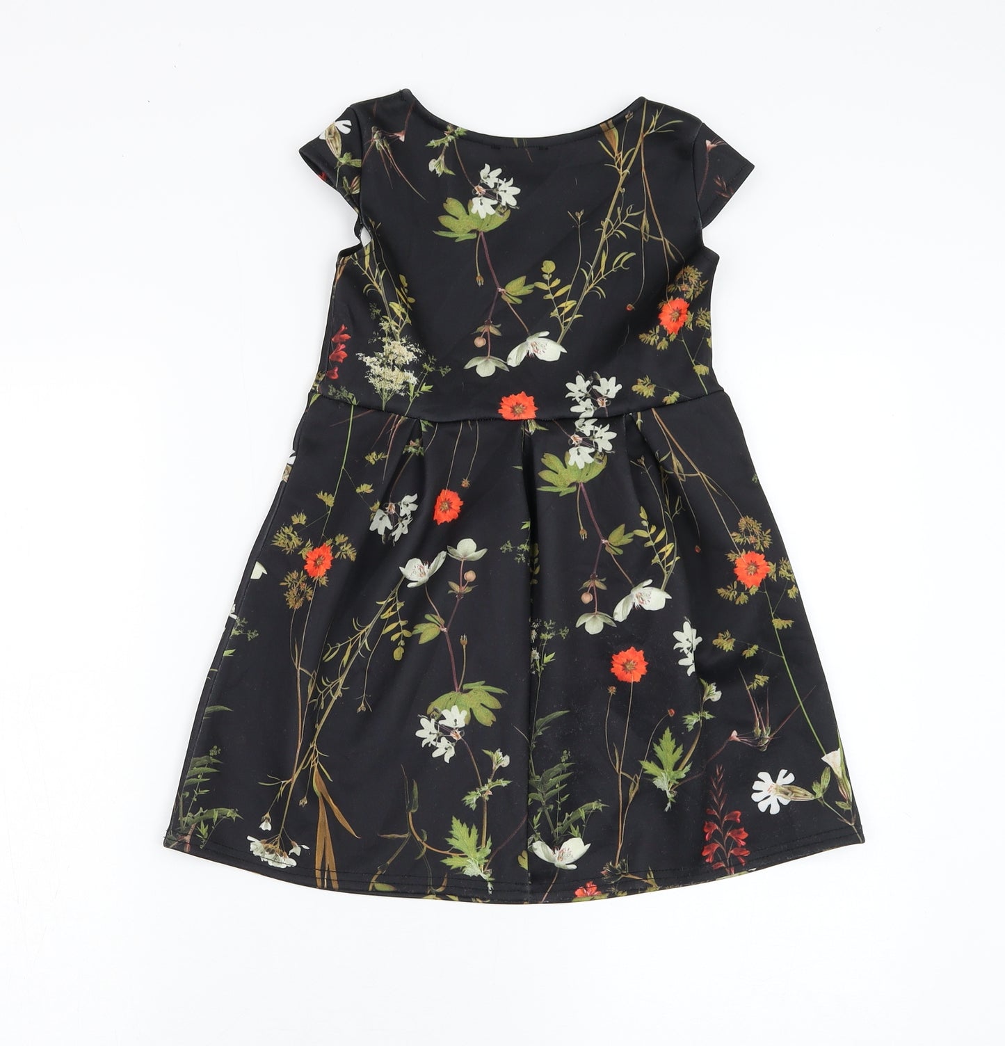 Want That Trend Girls Black Floral Polyester Skater Dress Size 6-7 Years Round Neck Pullover